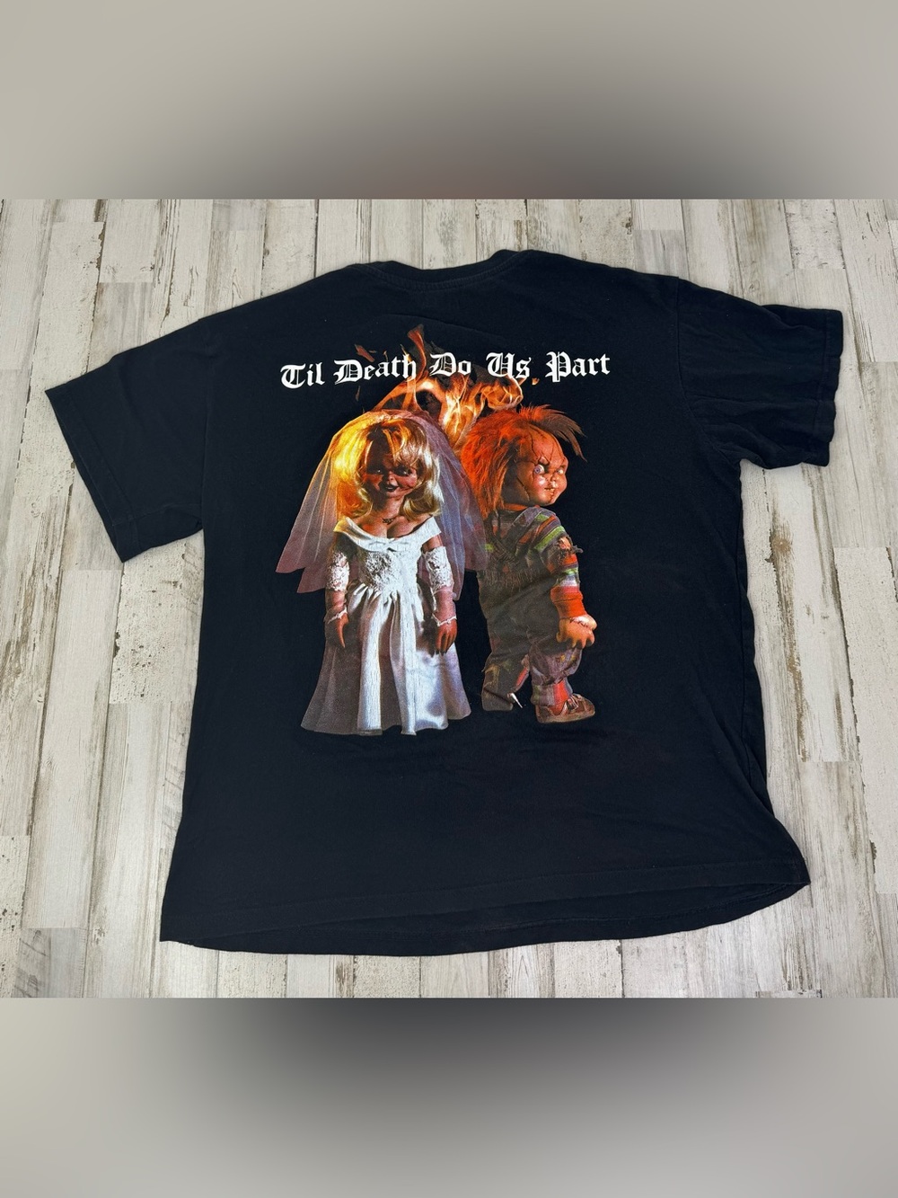 Vintage Bride of Chucky Women’s XL T Shirt Till Death Do Us Apart Black Cotton - Picture 1 of 7